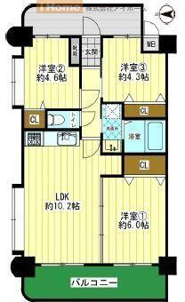 サンパイン御影 3LDK、価格3180万円、専有面積55.8m<sup>2</sup>、バルコニー面積8.88m<sup>2</sup> 間取は全居室洋室の３ＬＤＫ。５階部分の角部屋につき陽当り・通風良好。