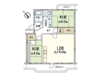 箕面粟生第４住宅　４号棟 2LDK、価格950万円、専有面積61.35m<sup>2</sup>、バルコニー面積11.94m<sup>2</sup> 間取り