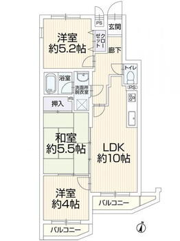 ライオンズマンション京都御室南　２０２ 3LDK、価格1599万円、専有面積59.39m<sup>2</sup>、バルコニー面積5.39m<sup>2</sup> 間取り