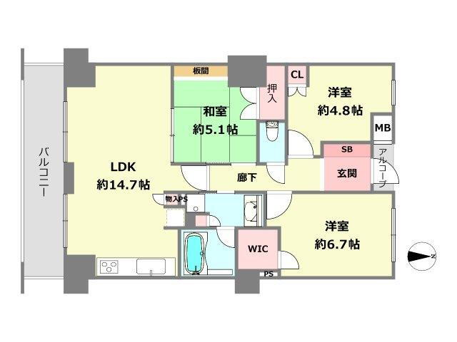 さきタワー・サンクタス尼崎駅前 3LDK、価格3780万円、専有面積68.91m<sup>2</sup>、バルコニー面積9.8m<sup>2</sup> 