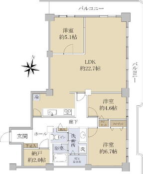 神戸パークシティＡ棟 3LDK、価格2700万円、専有面積94.75m<sup>2</sup>、バルコニー面積24.33m<sup>2</sup> 