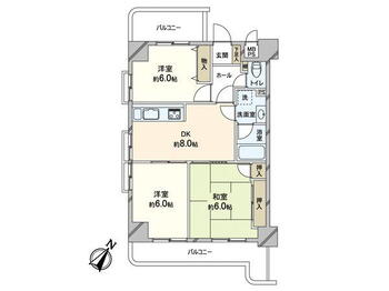 朝日プラザ深江北町 3DK、価格2280万円、専有面積56.7m<sup>2</sup>、バルコニー面積13.83m<sup>2</sup> 3DKの間取り、二面バルコニーなど角住戸ならではの窓が多く設置されており、室内は明るい印象です。