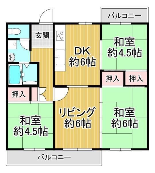 東大路高野第３住宅３５号棟 3LDK、価格1798万円、専有面積63m<sup>2</sup>、バルコニー面積9.43m<sup>2</sup> 間取り：3LDK