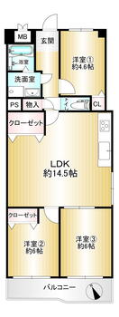 豊中グリーンハイツ 3LDK、価格2480万円、専有面積65.47m<sup>2</sup>、バルコニー面積5.4m<sup>2</sup> 豊富な収納スペース付き「3LDK」の間取り。独立性の高い洋室や、LDKに隣接する洋室があり、ご家族との時間だけでなく個々の時間も満喫できます。バルコニーは南西向きにつき、明るい…