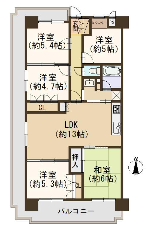 朝日プラザキャストラン東大阪 5LDK、価格2180万円、専有面積81m<sup>2</sup>、バルコニー面積30.49m<sup>2</sup> 約13帖のLDKは隣接する約5.3帖の洋室と一体利用で、18帖超えの住空間として広く使えます。引き回しバルコニー付きで、気軽に自然の光や風を感じることができ、おうち時間を楽しめそ…