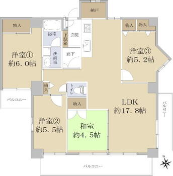 千里山ロイヤルマンションＢ棟 4LDK+S、価格2980万円、専有面積87.27m<sup>2</sup>、バルコニー面積17.23m<sup>2</sup> 