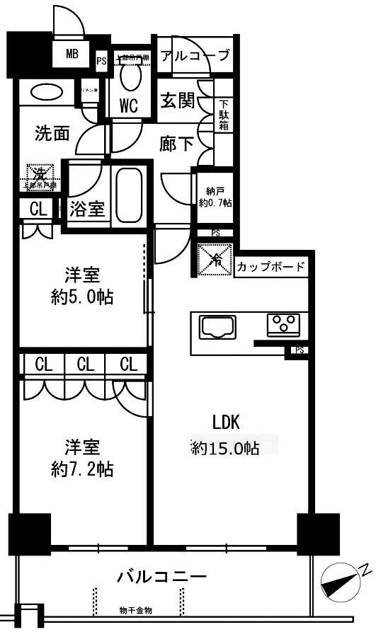 ジ・アーバネックスタワー神戸元町通 2LDK+S（納戸）、価格6280万円、専有面積64.32m<sup>2</sup>、バルコニー面積9.51m<sup>2</sup> 