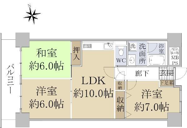 尼崎アーバンコンフォート 3LDK、価格1780万円、専有面積66.53m<sup>2</sup>、バルコニー面積8.7m<sup>2</sup> 