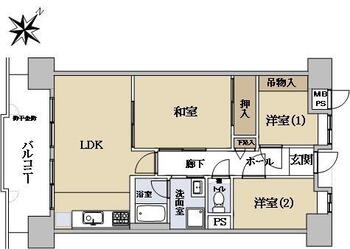 ライオンズマンション京都・淀Ｂ棟 3LDK、価格1000万円、専有面積56.37m<sup>2</sup>、バルコニー面積9.66m<sup>2</sup> 