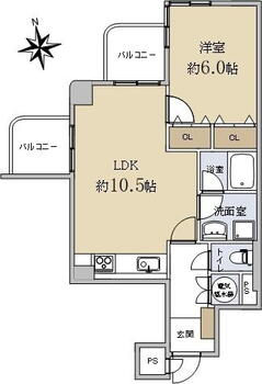 ルモン紫野 1LDK、価格1630万円、専有面積43.46m<sup>2</sup>、バルコニー面積6.42m<sup>2</sup> 