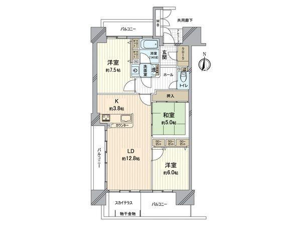 ロイヤルガーデン岡山駅前弐番館 3LDK、価格4580万円、専有面積78.63m<sup>2</sup>、バルコニー面積23.18m<sup>2</sup> ファミリーにおすすめの3LDK。寝室、お子様のお部屋など分けた使い方が可能です。
