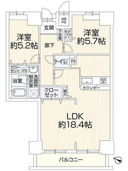 ファミールタワープラザ岡山イーストタワー 2LDK、価格1999万円、専有面積65.75m<sup>2</sup>、バルコニー面積5.93m<sup>2</sup> 