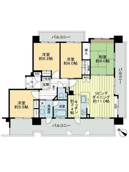 ダイアパレス福山港町弐番館 4LDK、価格1680万円、専有面積81.54m<sup>2</sup>、バルコニー面積37.88m<sup>2</sup> 