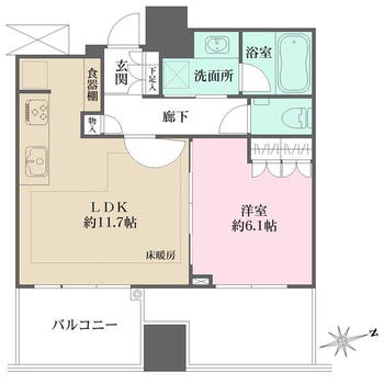 ザ・パークハウス広島タワー 1LDK、価格3880万円、専有面積42.91m<sup>2</sup>、バルコニー面積14.04m<sup>2</sup> 間取図