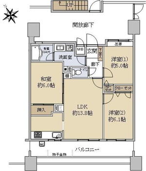 コンツェルトパーク矢野参番館 3LDK、価格2480万円、専有面積66.4m<sup>2</sup>、バルコニー面積16.15m<sup>2</sup> 