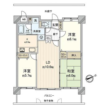 藤和二葉の里ホームズ 3LDK、価格3480万円、専有面積67.83m<sup>2</sup>、バルコニー面積15.08m<sup>2</sup> 間取図