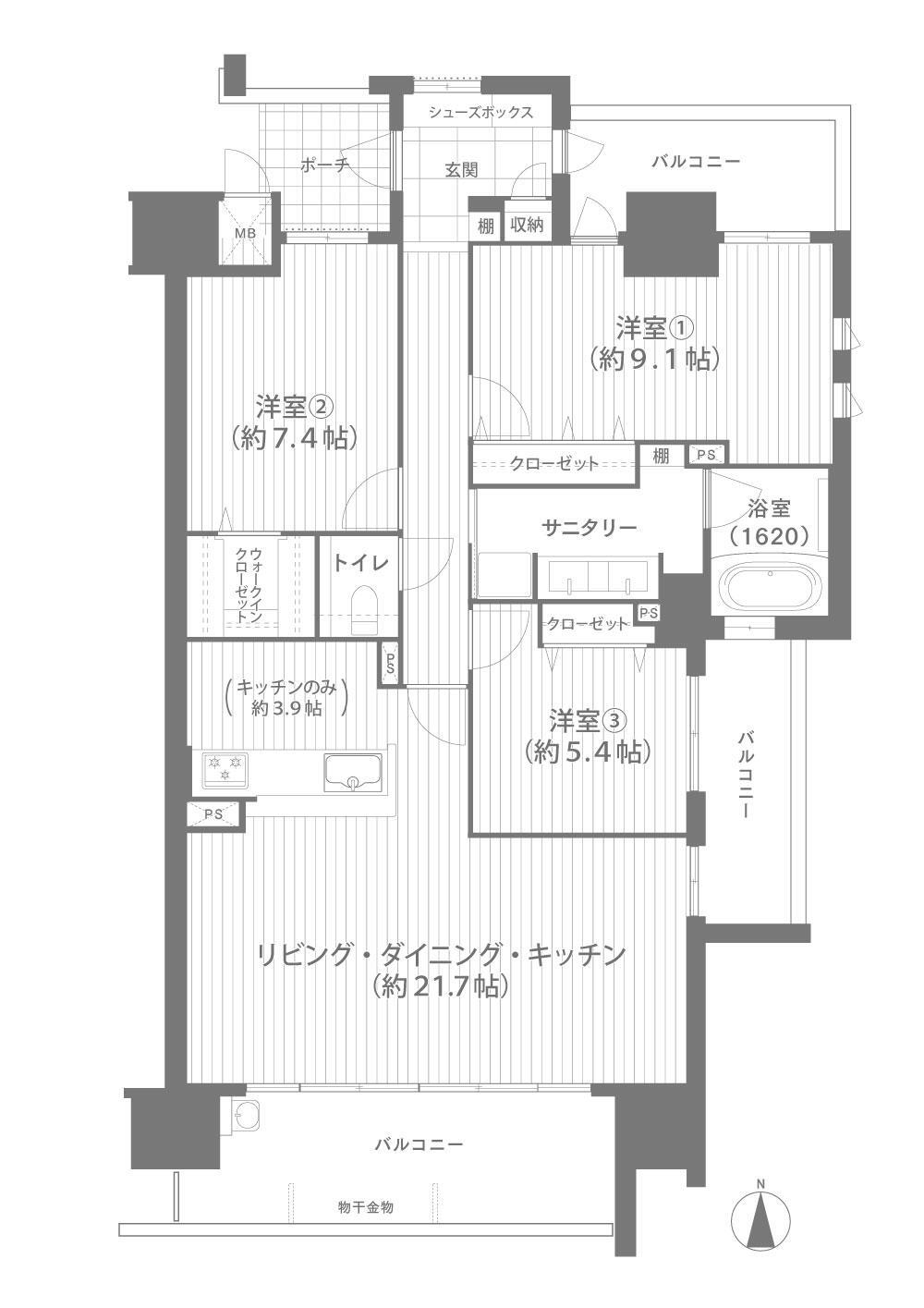 アルファステイツ倉敷阿知 3LDK、価格5800万円、専有面積100.05m<sup>2</sup>、バルコニー面積25.58m<sup>2</sup> 横長リビングで家具が配置しやすい間取りです。