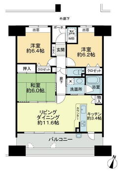 クレアセトル塩冶 3LDK、価格2100万円、専有面積71.49m<sup>2</sup>、バルコニー面積15.8m<sup>2</sup> 