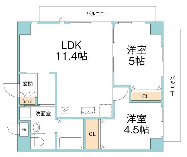 ライオンズマンション縮景園 2LDK、価格2980万円、専有面積56.8m<sup>2</sup>、バルコニー面積14.3m<sup>2</sup> 角部屋、2面バルコニーです。
