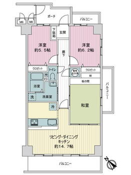 サーパス矢口駅前 3LDK、価格2180万円、専有面積73.42m<sup>2</sup>、バルコニー面積15.77m<sup>2</sup> 