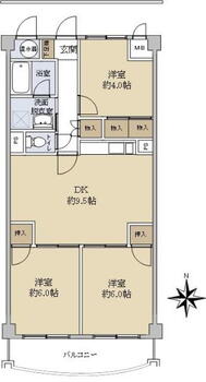 ハイツ翠苑 3DK、価格1980万円、専有面積68.73m<sup>2</sup>、バルコニー面積7.4m<sup>2</sup> 