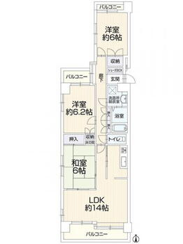 サンシテイ東桜町　５０３ 3LDK、価格1470万円、専有面積74.55m<sup>2</sup>、バルコニー面積17.49m<sup>2</sup> 間取り