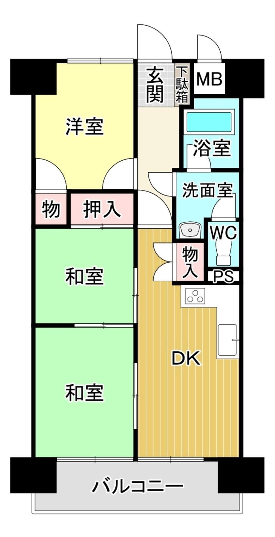 グローバル下関 3DK、価格680万円、専有面積58.96m<sup>2</sup>、バルコニー面積8.76m<sup>2</sup> 