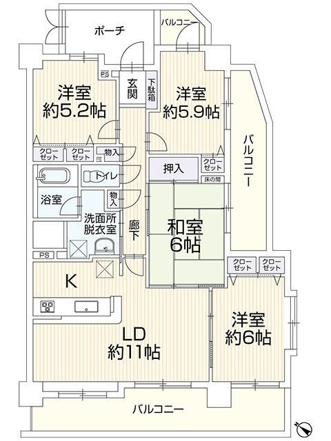 チュリス上安駅前 4LDK、価格2650万円、専有面積84.72m<sup>2</sup>、バルコニー面積25.92m<sup>2</sup> 4ＬＤＫ。広々とした壁芯約84m<sup>2</sup>。バルコニーに囲まれた採光良好な室内。リビング隣接の和室、洋室で家族構成によって様々な使い方ができます。共用廊下全体…
