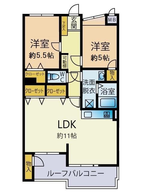 アンビエント小倉Ｃ棟３１５ 2LDK、価格1298万円、専有面積57.28m<sup>2</sup>、バルコニー面積9.39m<sup>2</sup> 