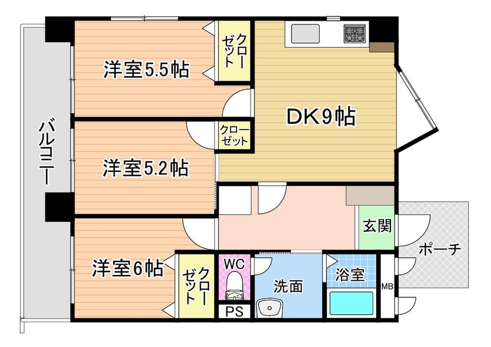 サンコーポ春の町 3DK、価格848万円、専有面積63.41m<sup>2</sup>、バルコニー面積9.98m<sup>2</sup> 間取り