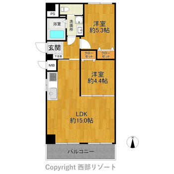 サンビューハイツ友泉 2LDK、価格1530万円、専有面積54.6m<sup>2</sup>、バルコニー面積6.24m<sup>2</sup> （2023年8月）作成<BR>間取り図