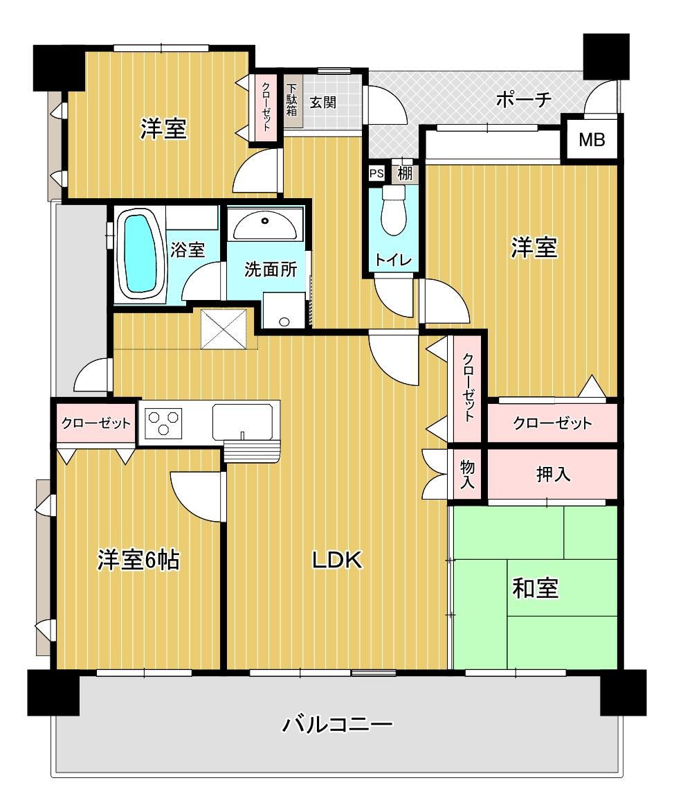 エイルマンション香春口ロゼア 4LDK、価格1980万円、専有面積83.23m<sup>2</sup>、バルコニー面積23.51m<sup>2</sup> 広々4LDK。家事動線配慮された間取りです。