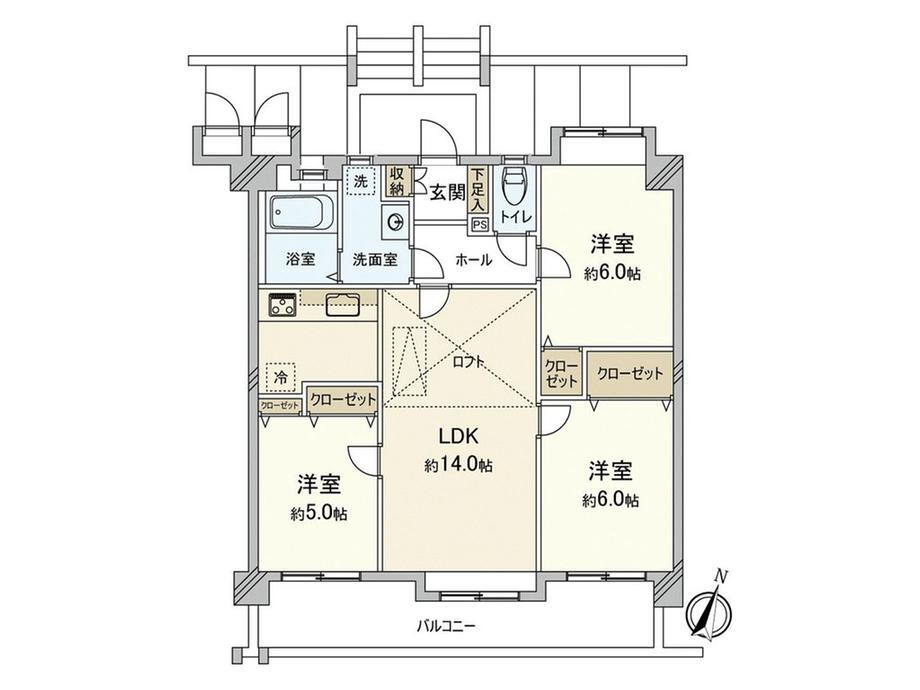 アプローズ空港前 3LDK、価格2350万円、専有面積66.89m<sup>2</sup>、バルコニー面積11.4m<sup>2</sup> 