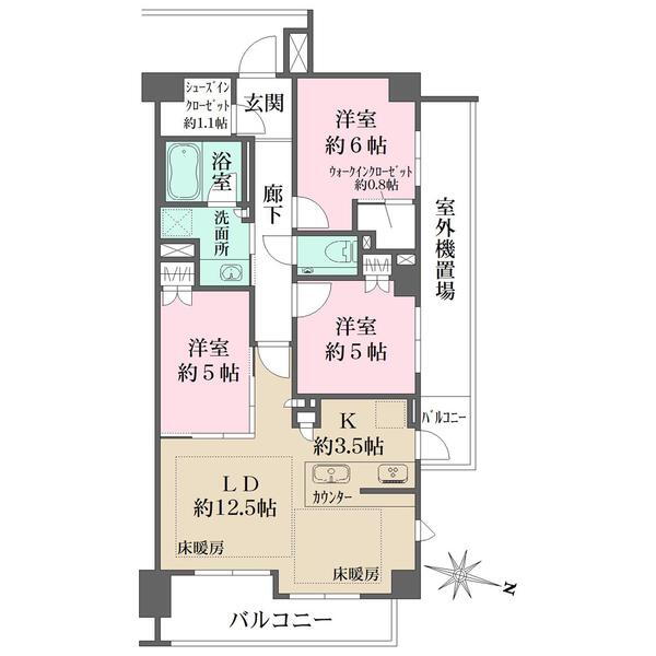 ザ・パークハウス藤崎紅葉山 3LDK、価格5880万円、専有面積73.93m<sup>2</sup>、バルコニー面積10.42m<sup>2</sup> 間取図