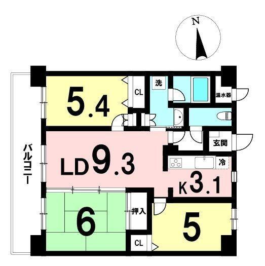 ロワールマンション古賀 3LDK、価格2000万円、専有面積63.35m<sup>2</sup>、バルコニー面積12.8m<sup>2</sup> 