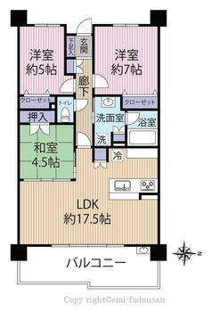 オーヴィジョン野間グランヒルズＥ棟 3LDK、価格4180万円、専有面積75.16m<sup>2</sup>、バルコニー面積13.62m<sup>2</sup> 