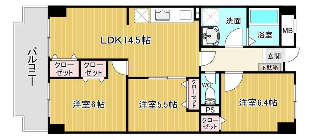 八幡東スカイマンション 3LDK、価格1088万円、専有面積69.25m<sup>2</sup>、バルコニー面積9.3m<sup>2</sup> 間取り