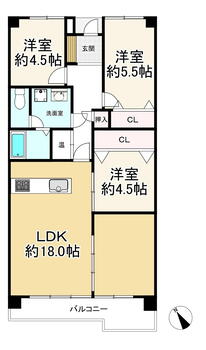 ＭＡＣ久留米コート 3LDK、価格1250万円、専有面積74.17m<sup>2</sup>、バルコニー面積10.6m<sup>2</sup> 【2023年3月リフォーム済】システムキッチン、トイレ、浴室、洗面化粧台交換・全室クロス、フローリング張替・建具交換