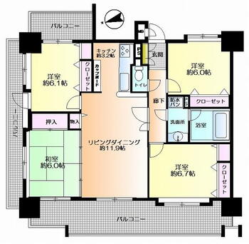 クレアールマンション鳥栖駅前 4LDK、価格2150万円、専有面積86.92m<sup>2</sup>、バルコニー面積34.96m<sup>2</sup> 