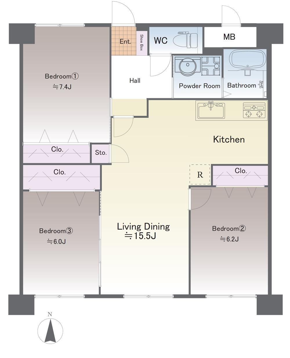 ヴォルフスガルテン　熊本駅南　Ａ　棟 3LDK、価格1849万円、専有面積75.64m<sup>2</sup>、バルコニー面積12.6m<sup>2</sup> 3～4人家族にちょうどいい大きさの3LDK。使い方いろいろな洋室とリビング・ダイニングで、家族のプライバシーを保ちながら共有スペースでの交流が楽しめます。