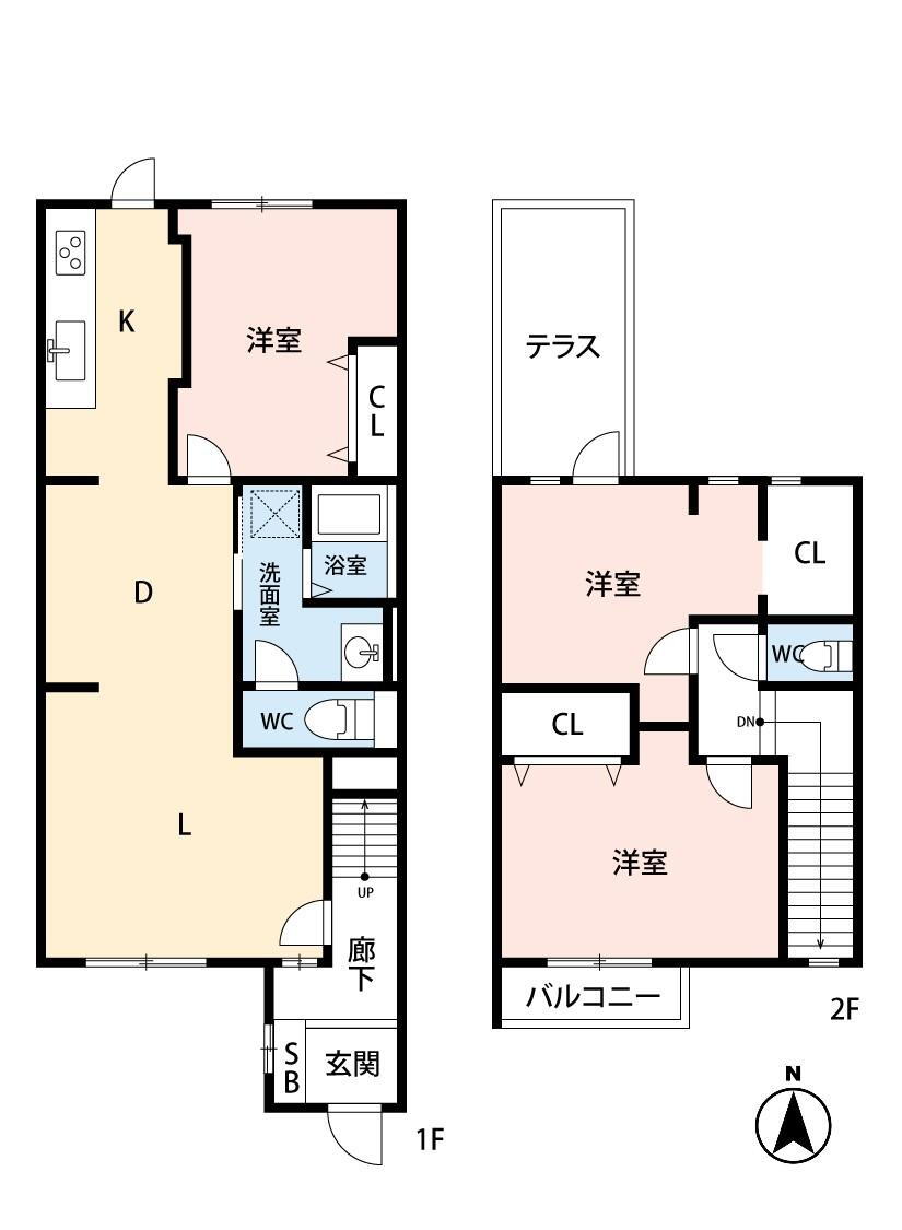 花鶴丘サンハイツ 3LDK、価格1798万円、専有面積82.99m<sup>2</sup>、バルコニー面積3.42m<sup>2</sup> 全室収納付き。バルコニーとは別にテラス付き。リビング・ダイニングを無駄なく広く活用できる壁付けキッチンは、勝手口付きで便利。