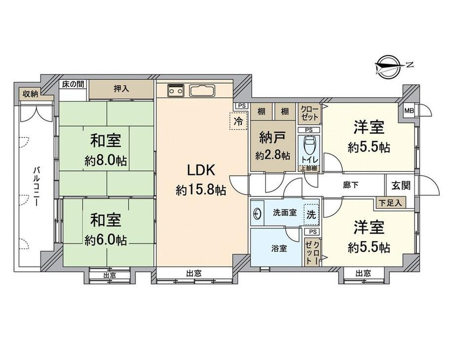第３２プリンスマンション小笹 4LDK、価格2550万円、専有面積91.53m<sup>2</sup>、バルコニー面積10.39m<sup>2</sup> 間取図