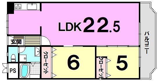 ローレルハイツ高宮 2LDK、価格1710万円、専有面積64.51m<sup>2</sup>、バルコニー面積8.24m<sup>2</sup> 