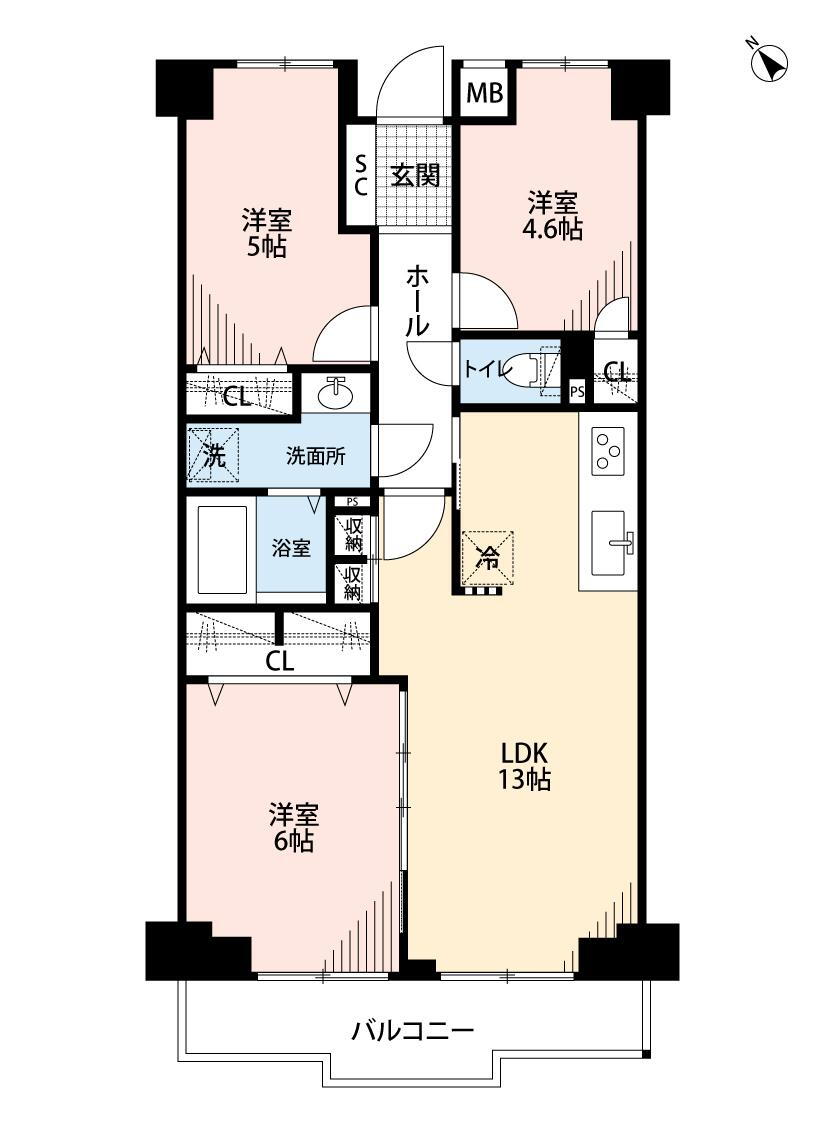 ガーデンライフ和白丘弐番館 3LDK、価格2290万円、専有面積64.15m<sup>2</sup>、バルコニー面積7.65m<sup>2</sup> LDKと和室を合わせると１９帖の大空間となります。洋室が３部屋あるので、お子様が大きくなっても安心ですね＾＾
