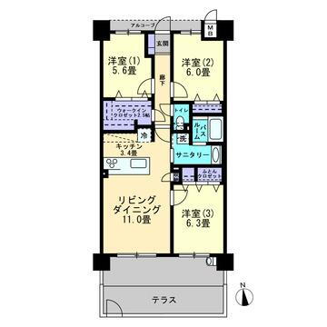 アルファスマート神宮北 3LDK、価格2890万円、専有面積74.27m<sup>2</sup> テラス付きの1階住戸です。約2.5帖のウォークインクロゼットが魅力です。