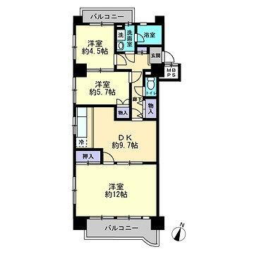 三愛シティライフ西博多 3DK、価格980万円、専有面積71.67m<sup>2</sup>、バルコニー面積9.76m<sup>2</sup> 南側は広々12帖の明るい洋室です。角部屋なので風通しも良好です。