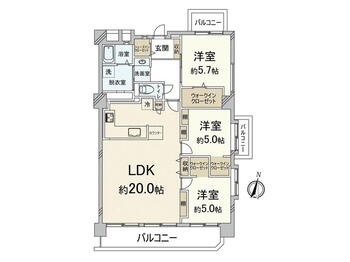 弥生パインマンション 3LDK、価格3280万円、専有面積94.77m<sup>2</sup>、バルコニー面積15.3m<sup>2</sup> 間取図