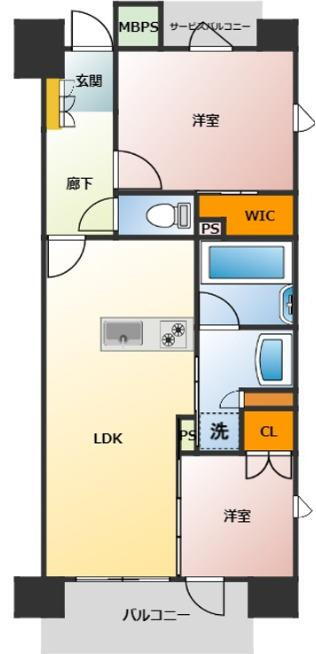 クリオラベルヴィ呉服町イースト 2LDK、価格3900万円、専有面積44.39m<sup>2</sup>、バルコニー面積6.4m<sup>2</sup> 