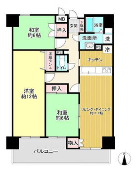 フラワーマンション新町 3LDK、価格1430万円、専有面積83.86m<sup>2</sup>、バルコニー面積12.96m<sup>2</sup> 