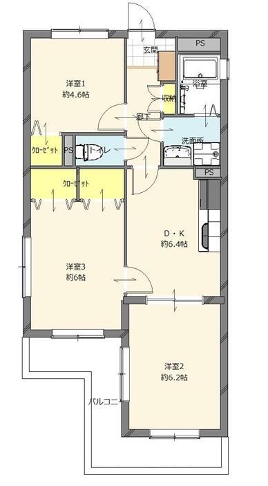ネオハイツ新室見 3DK、価格1490万円、専有面積53.76m<sup>2</sup>、バルコニー面積8.34m<sup>2</sup> 